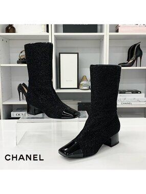 Chanel Fabric Patent Glitter CC Logo Middle Boots Black
